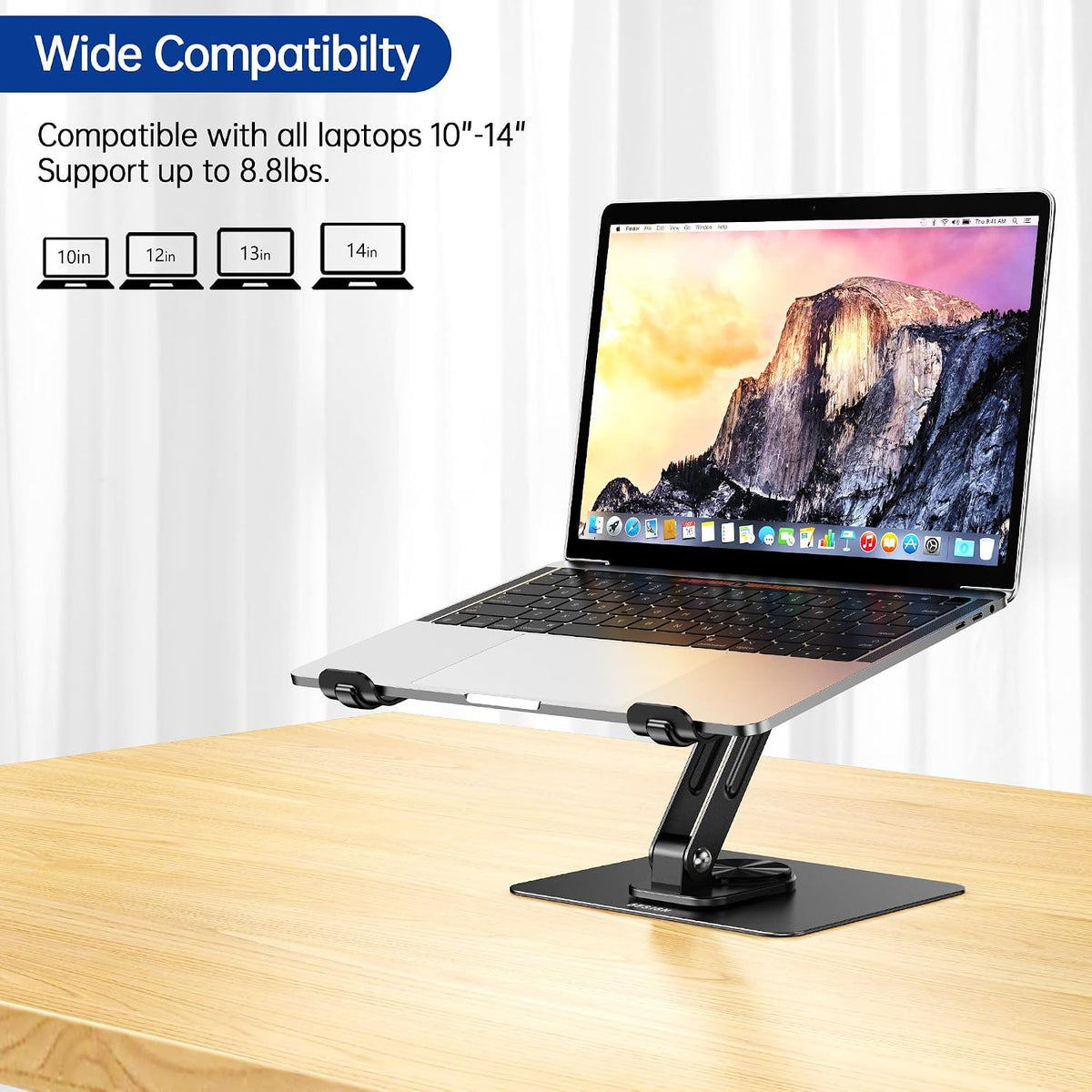 Besign notebook riser holding a 13-inch laptop in a home office workstation setup.