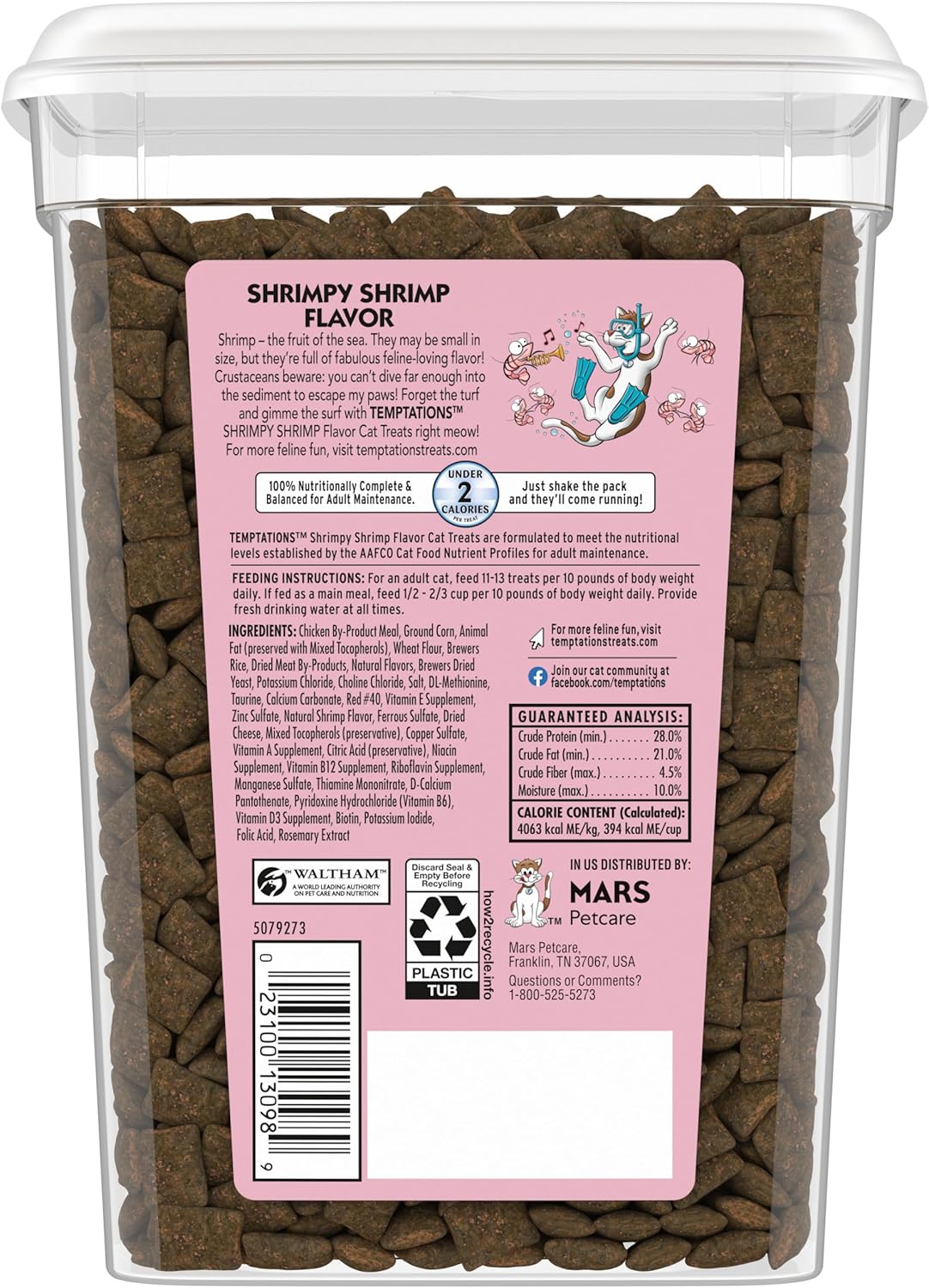 Imported USA adult cat snacks in sixteen ounce stay fresh container