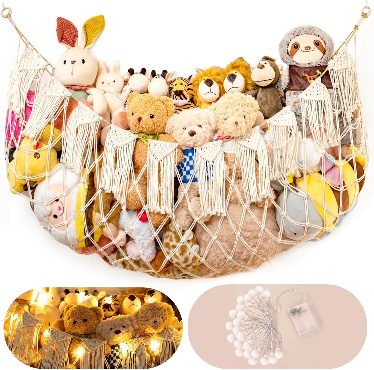 Morcco boho macrame stuffed animal hammock front view with plush toys