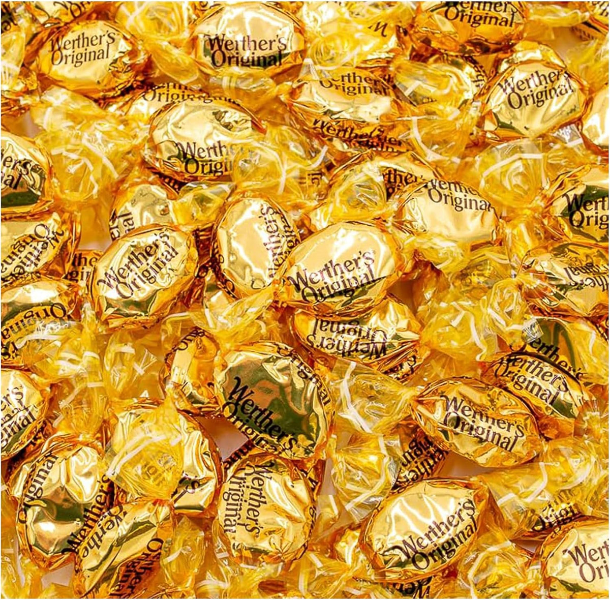 Werther's Original Creamy Caramel Filled Hard Candies two pound bulk bag front view showing gold wrapped imported treats