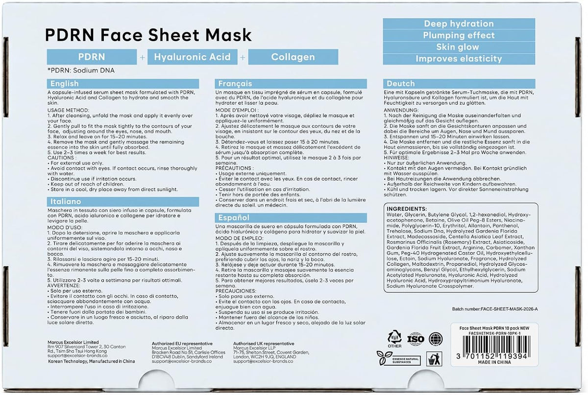 Bloomora PDRN face sheet mask complete set of ten