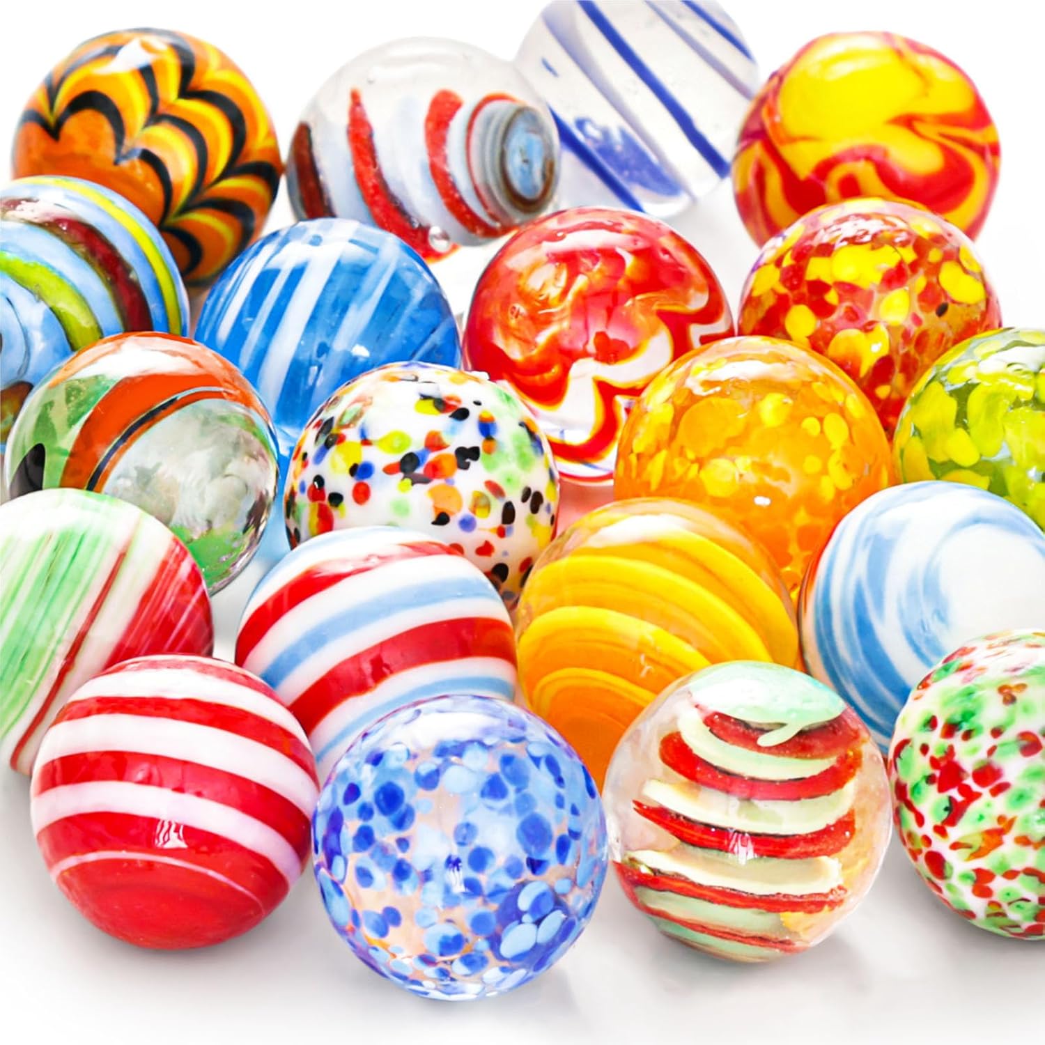 FuturePlusX twenty pieces glass marbles front view displaying various unique colors.