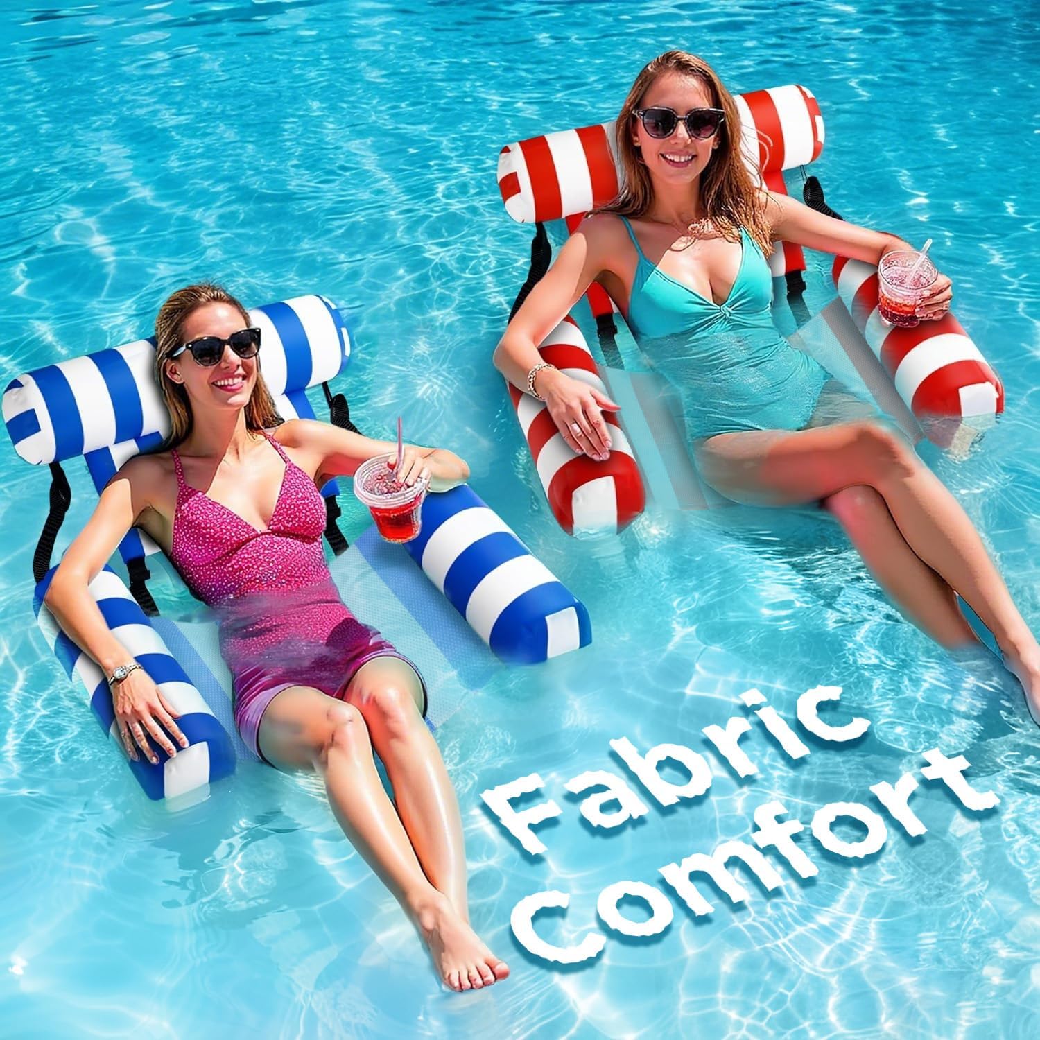 Funscape Striped Pool Chair Float front view showcasing the blue and white striped fabric design and inflatable headrest.