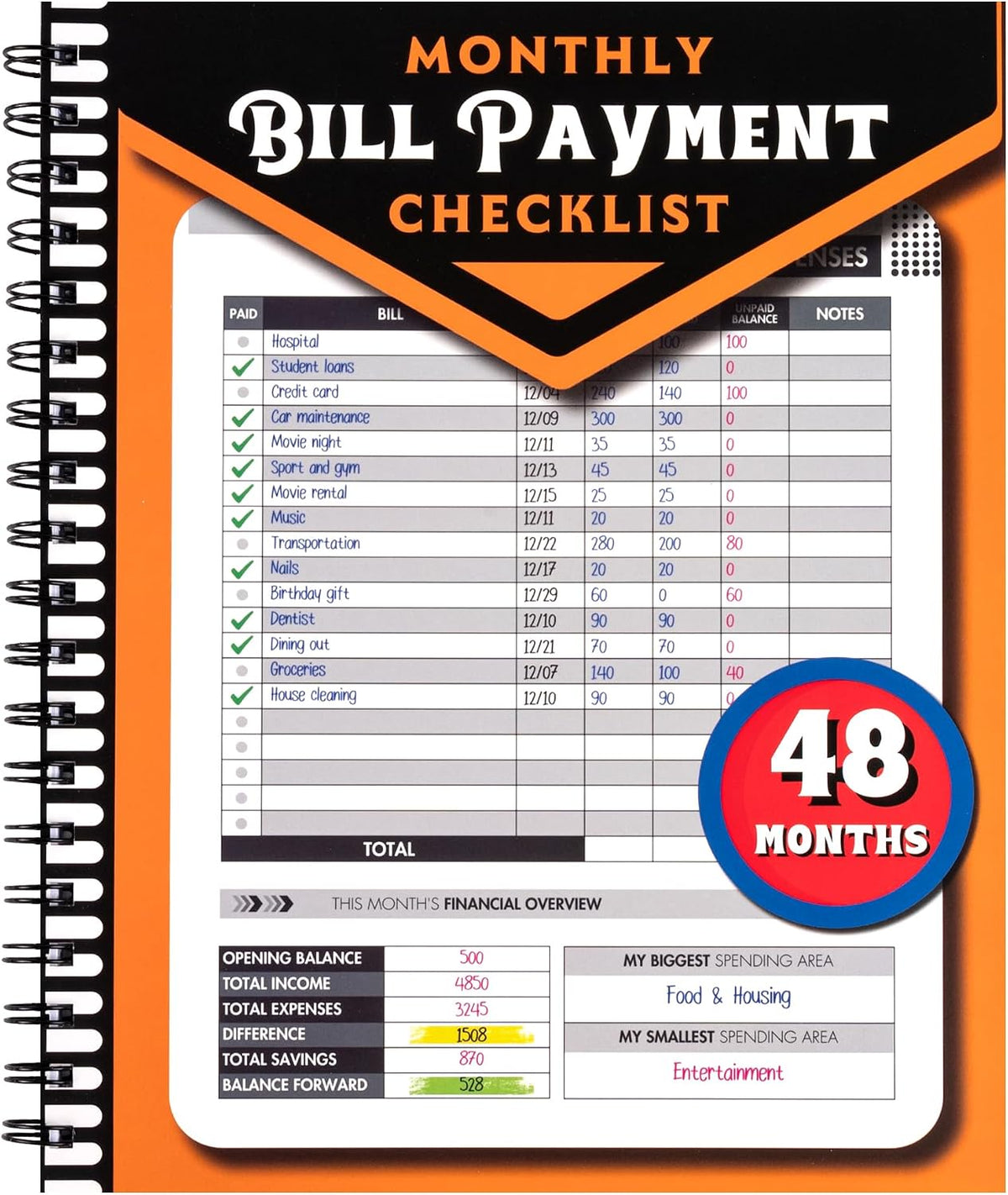 Notewells bill tracker notebook front view in gold