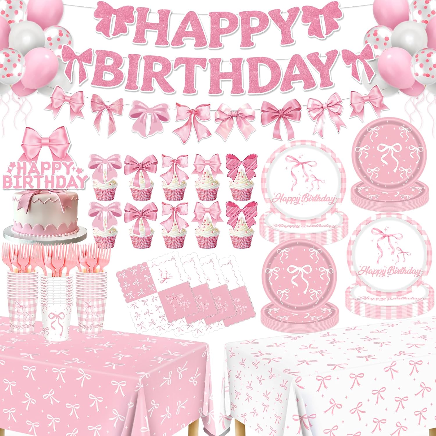 Redword pink bow party supplies set front view with full collection