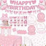 Redword pink bow party supplies set front view with full collection