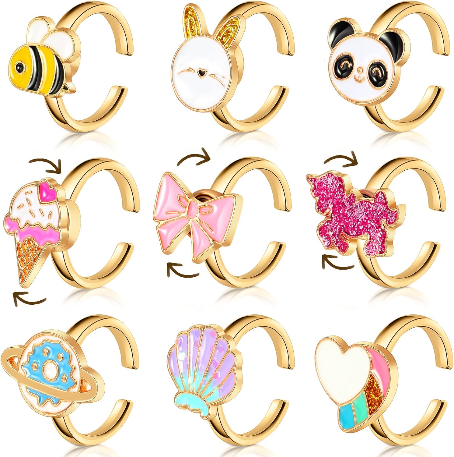 Sureio 9 Piece Fidget Anxiety Rings Set front view showing multiple colorful enamel designs