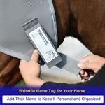 Close up of Fornyk fly mask writable name tag feature
