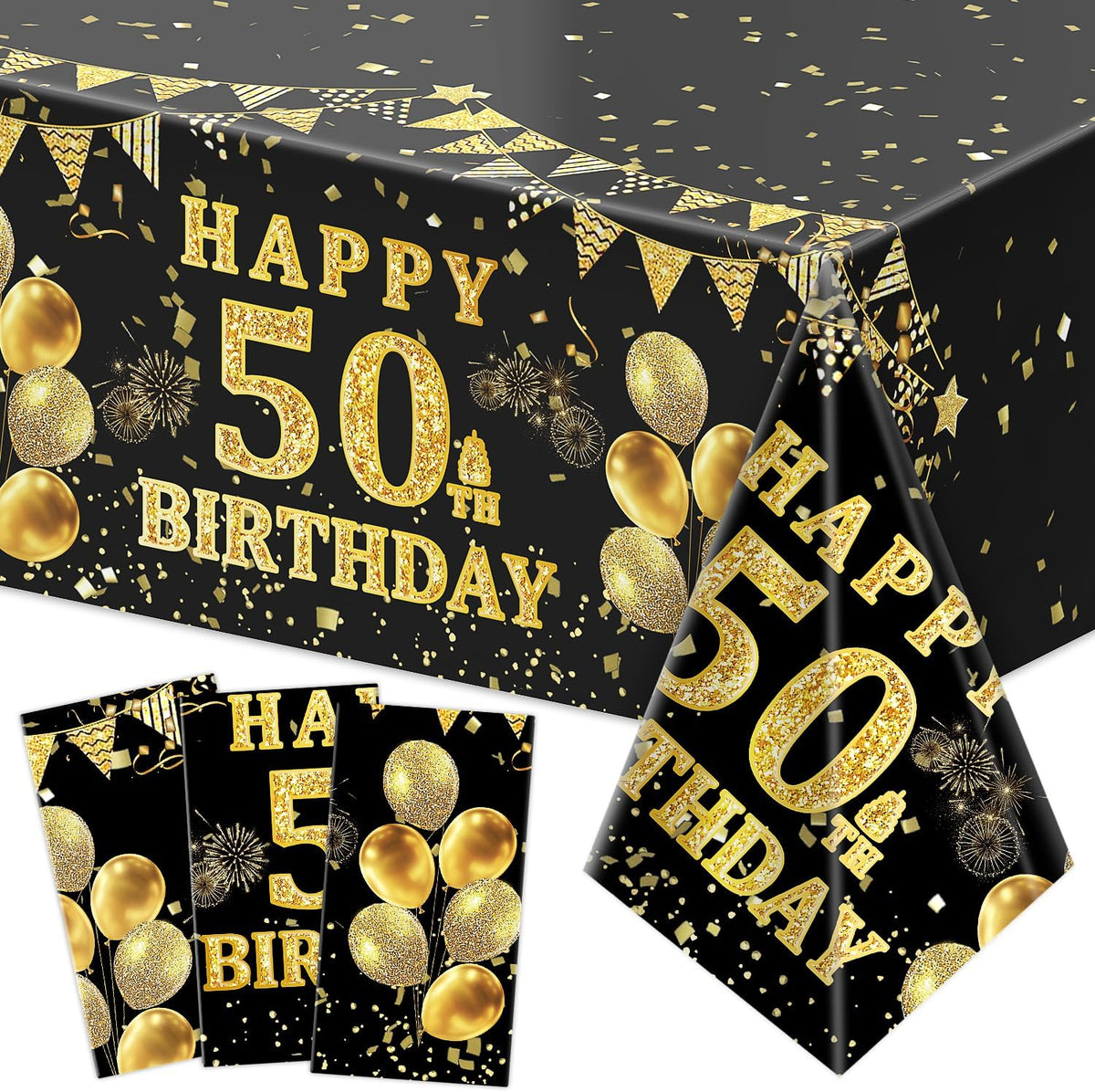 Labeol 50th birthday tablecloth set black and gold design front view