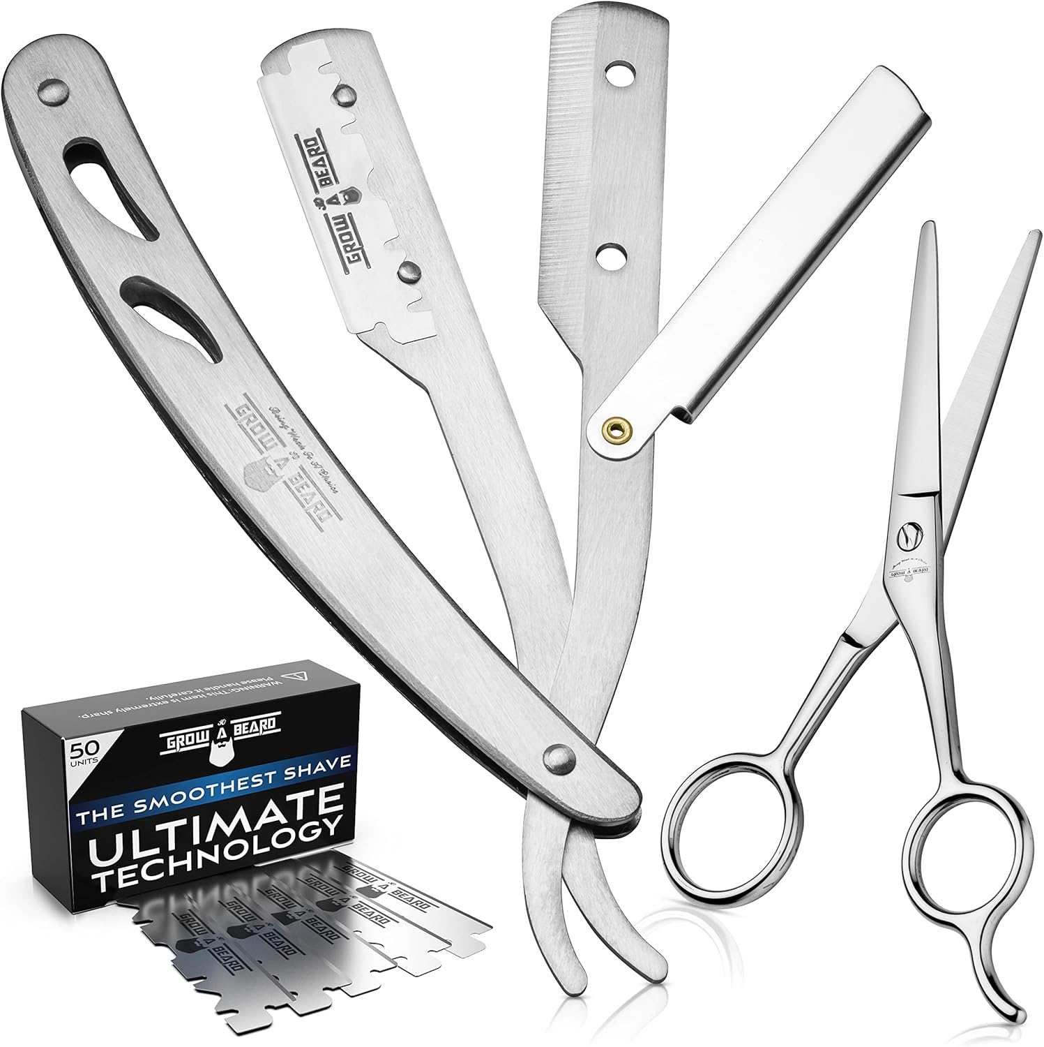 Grow Alpha Beard straight razor kit silver front view