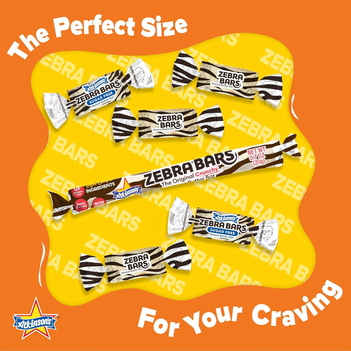 Atkinson's Zebra Bars crunchy peanut butter candy close up view displaying the distinct striped sweet coating.