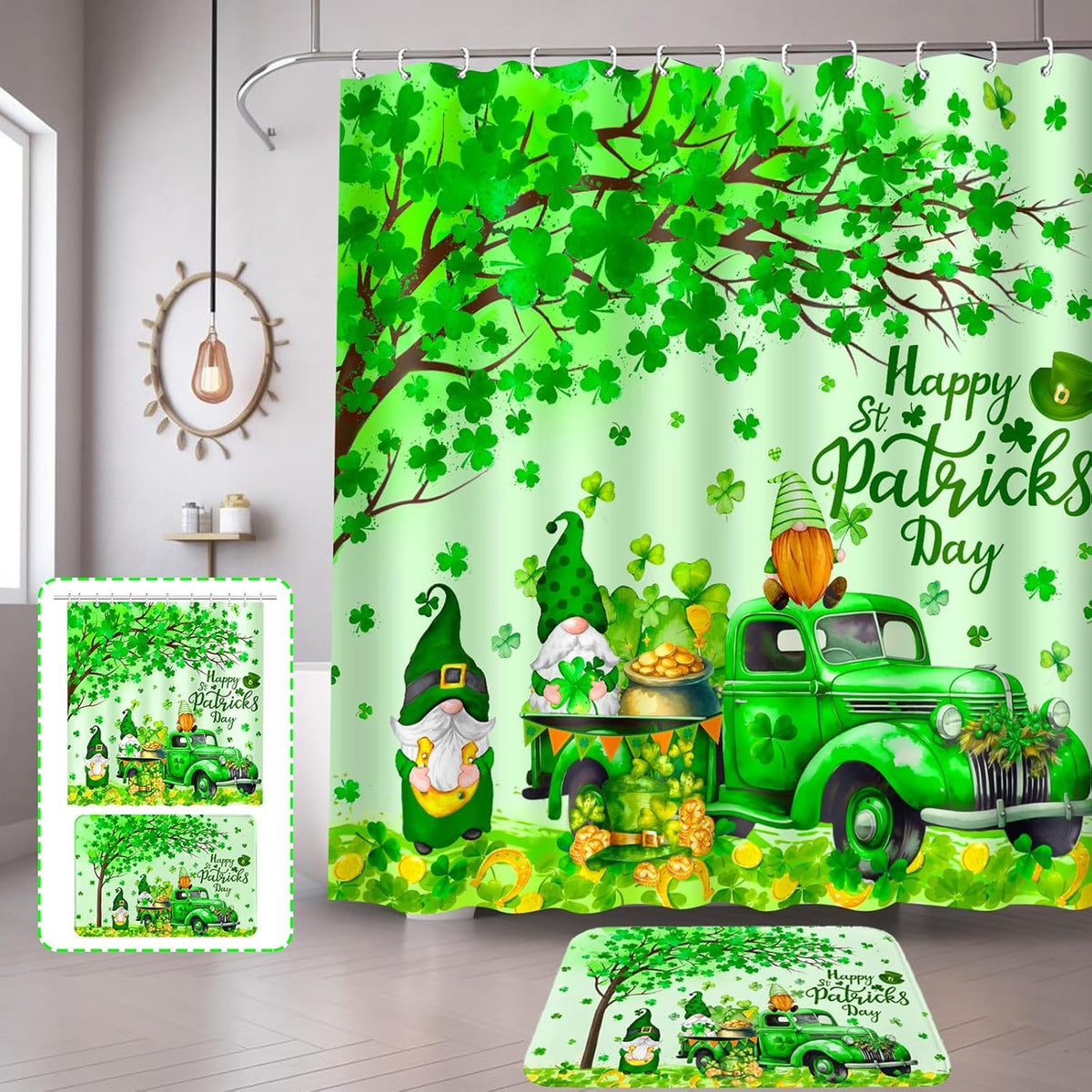 Lutto St Patricks Day shower curtain front view featuring green truck design