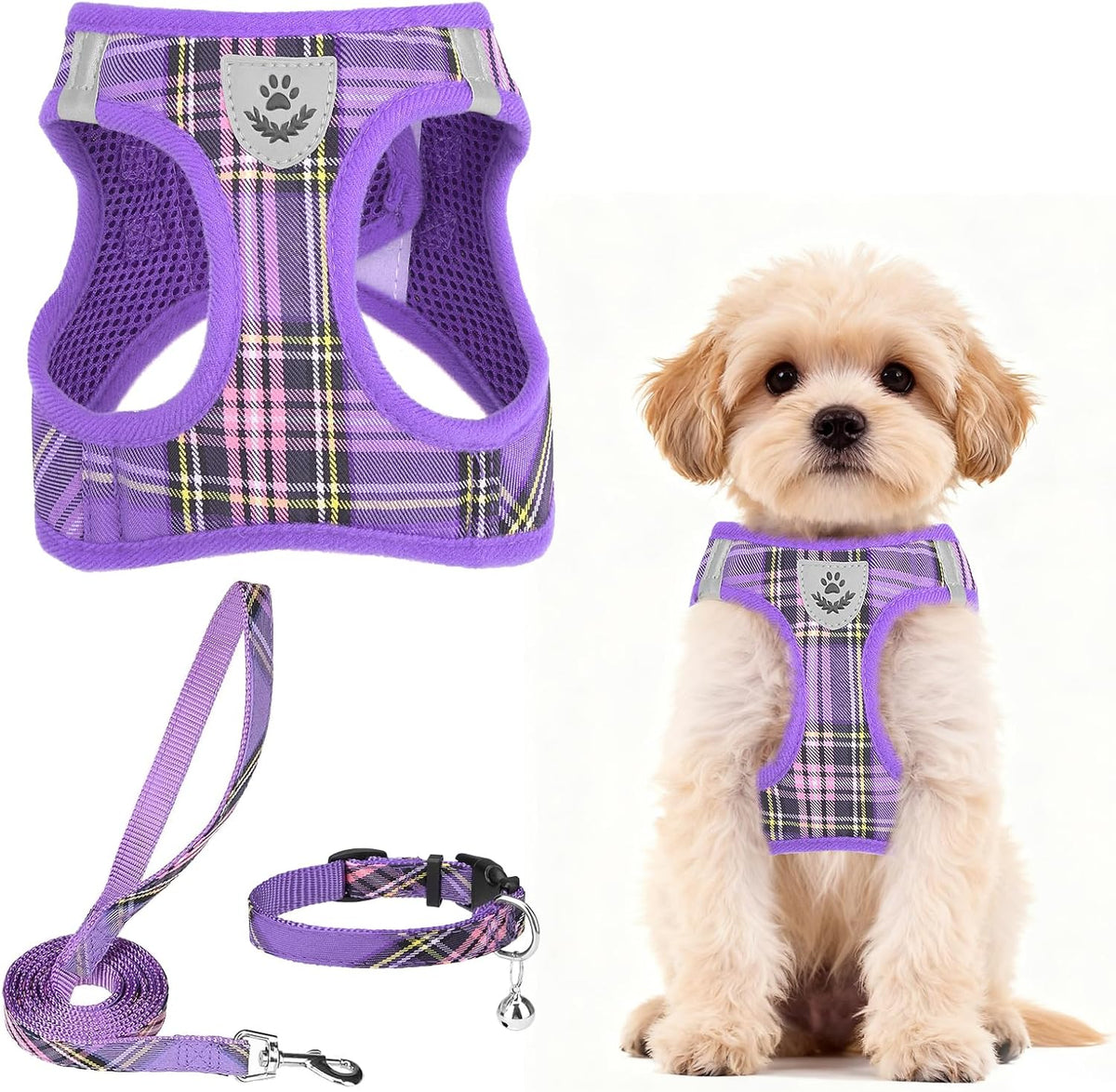 Pupteck dog harness front view in purple plaid