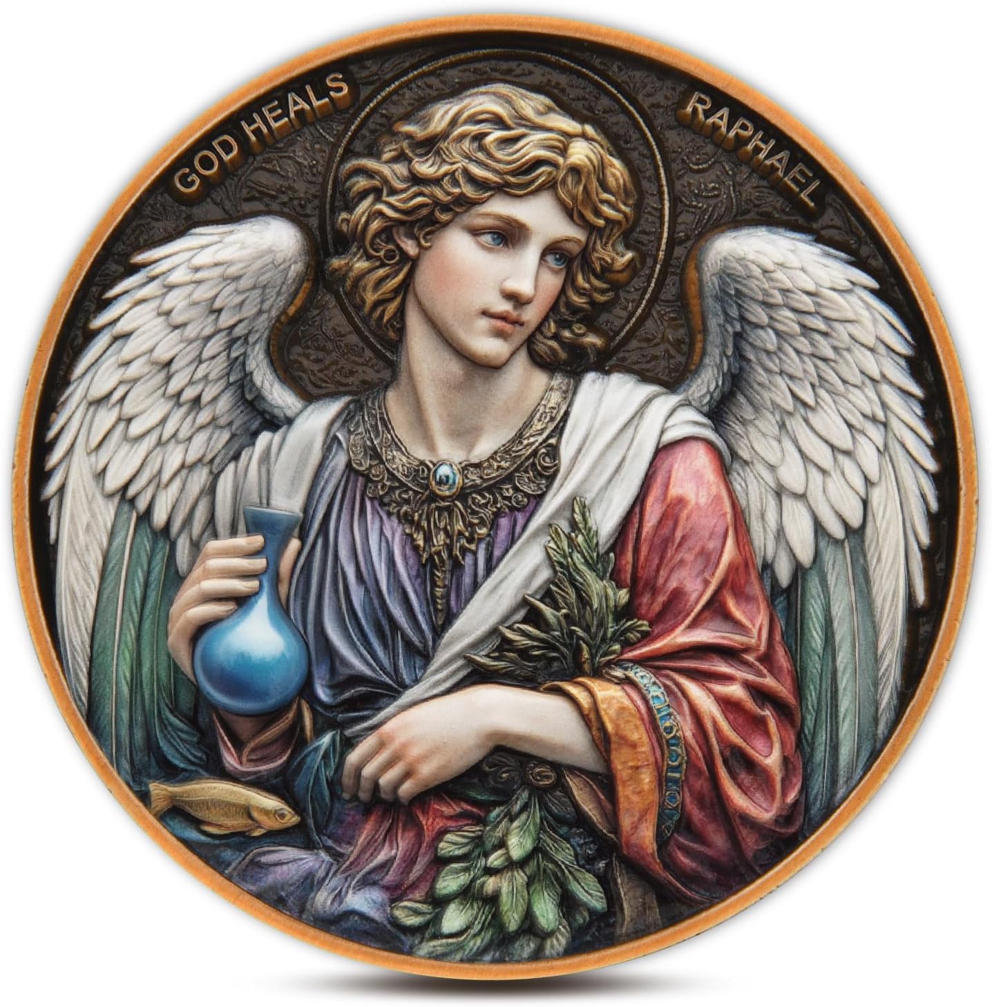 Vitoleo Archangel Raphael healing prayer coin front view showing full color design