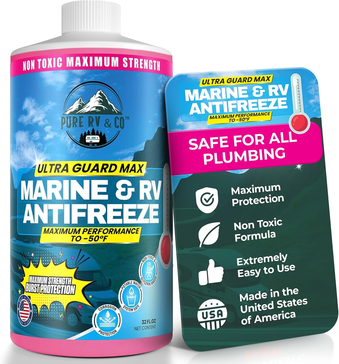 Pure RV Ultra Guard Max Antifreeze front view bottle for winterizing plumbing systems.