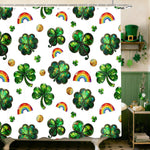 MEHOFOND St Patricks Day shower curtain front view showing stained glass shamrock patterns