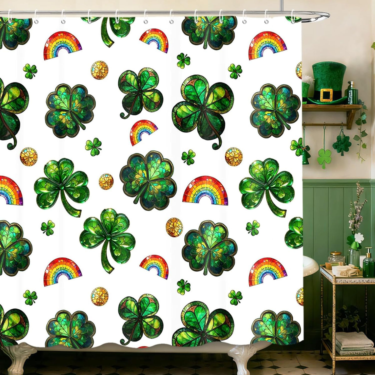 MEHOFOND St Patricks Day shower curtain front view showing stained glass shamrock patterns