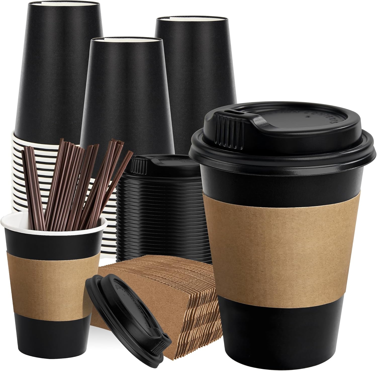 Racetop 12 ounce paper coffee cups front view with lid and sleeve