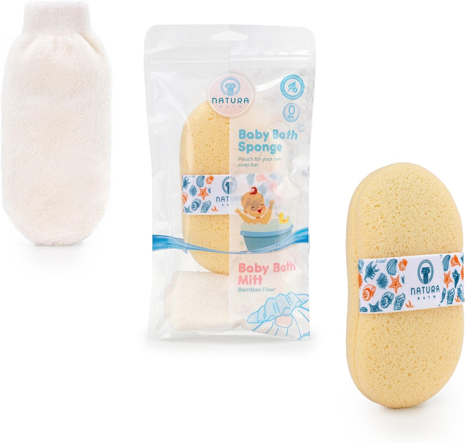 Natura Bath hypoallergenic baby sponge and wash cloth set front view