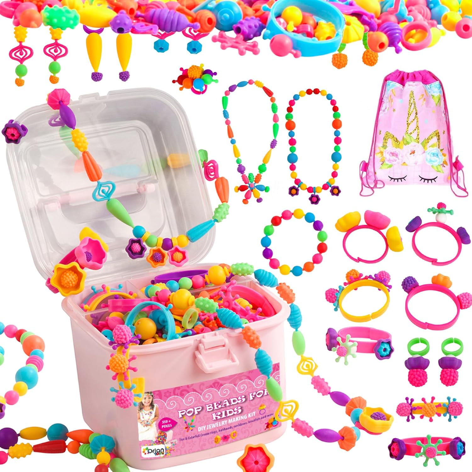 Orian Pop Beads DIY Jewelry Making Kit front view packaging showing colorful snap beads.
