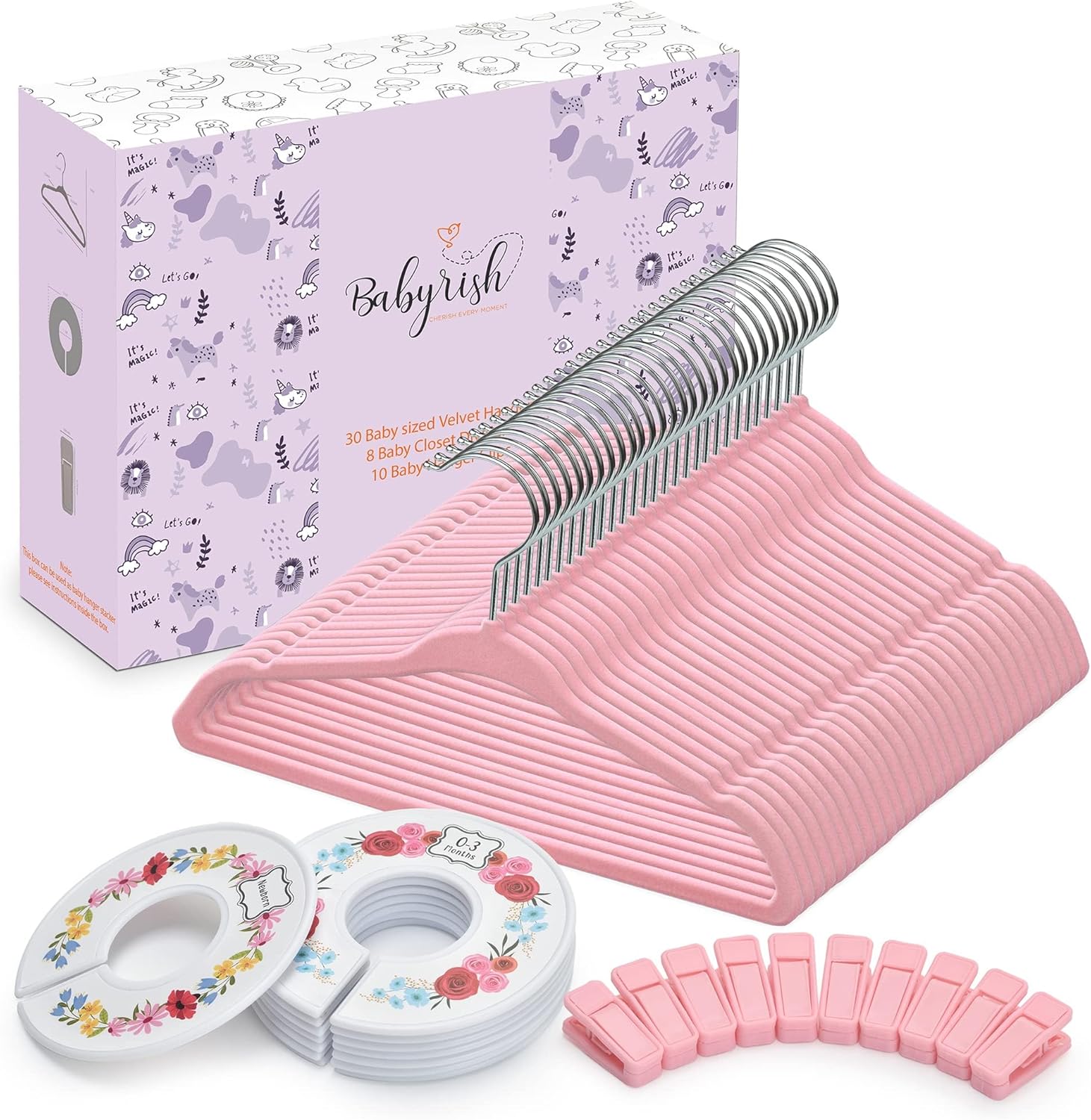 Babyrish 30 pack pink velvet baby hangers front view