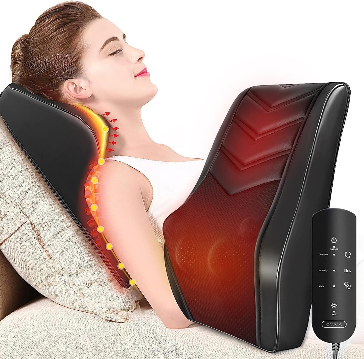 OMASSA Shiatsu Neck and Back Massager front view showing four deep kneading nodes and mesh panel.