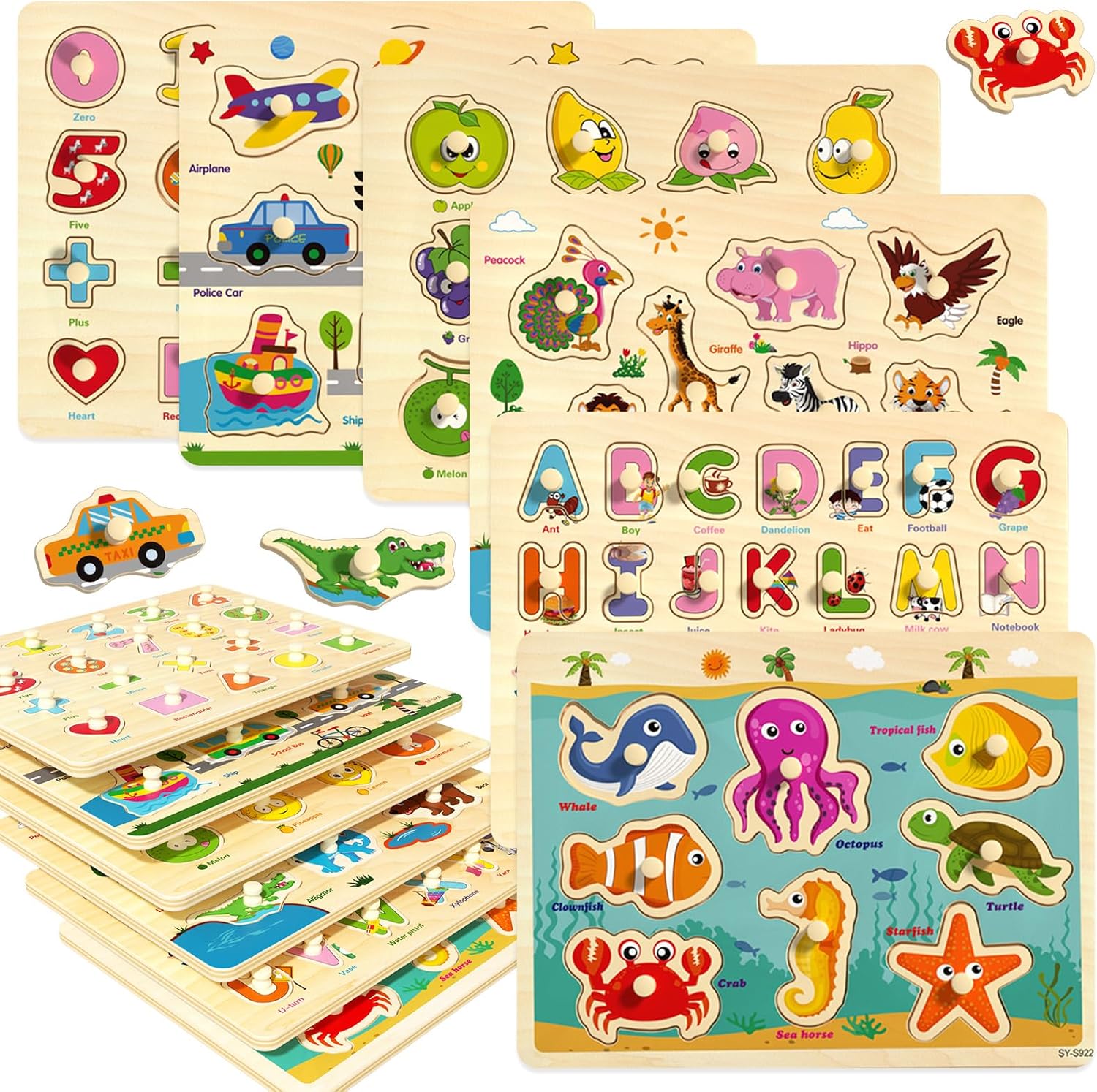 Edutree wooden peg puzzles for toddlers 6-pack front view showcasing alphabet and number boards