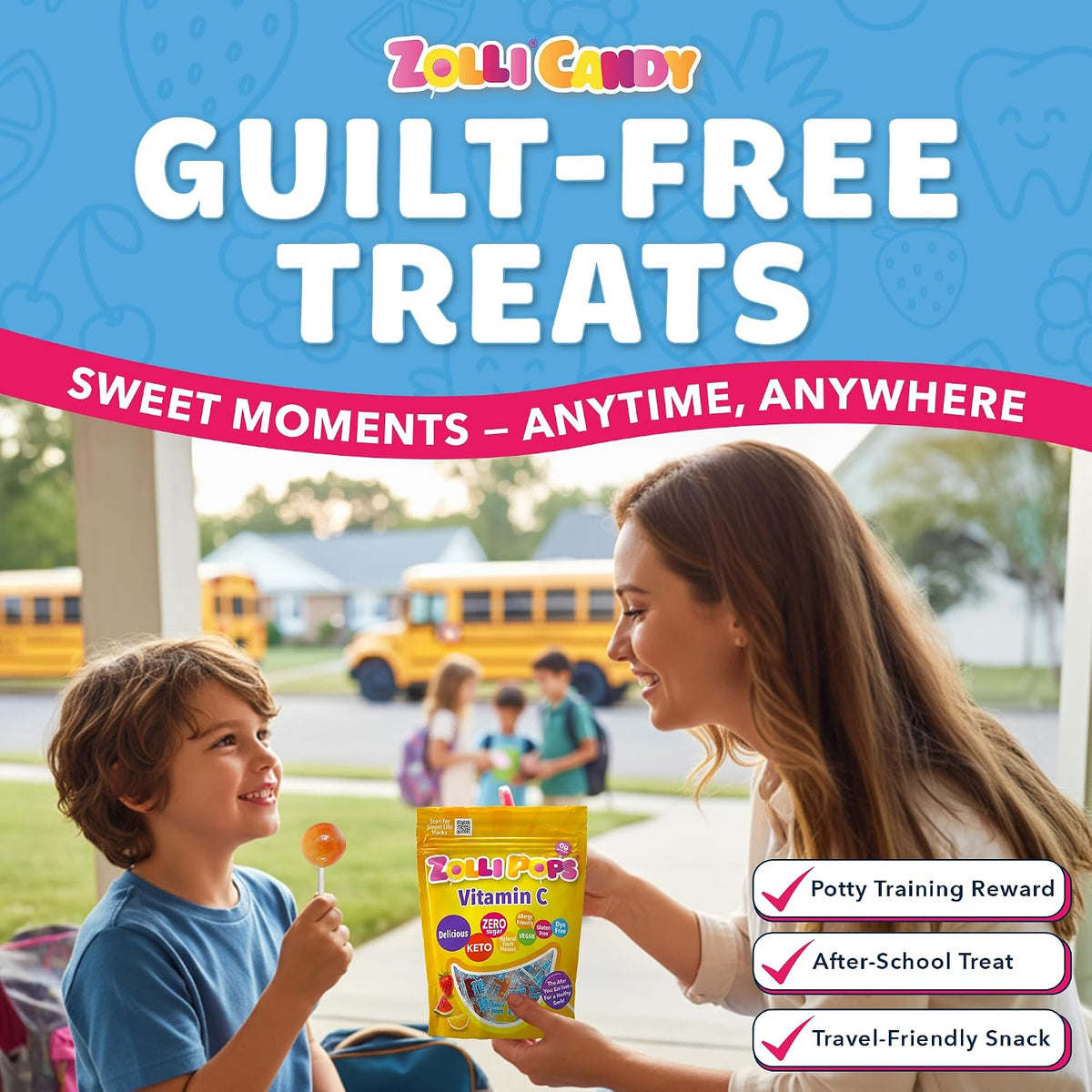 Close up of sugar free allergy friendly Zollipops packaging highlighting the non GMO and vegan certifications