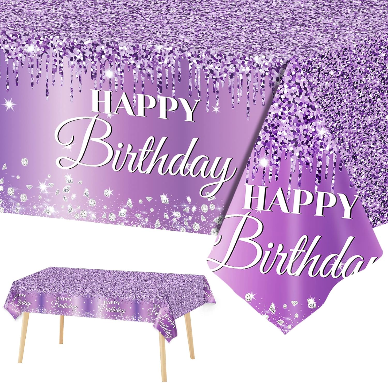 ZOIIWA purple silver birthday tablecloths three pack front view displaying happy birthday text and glitter patterns