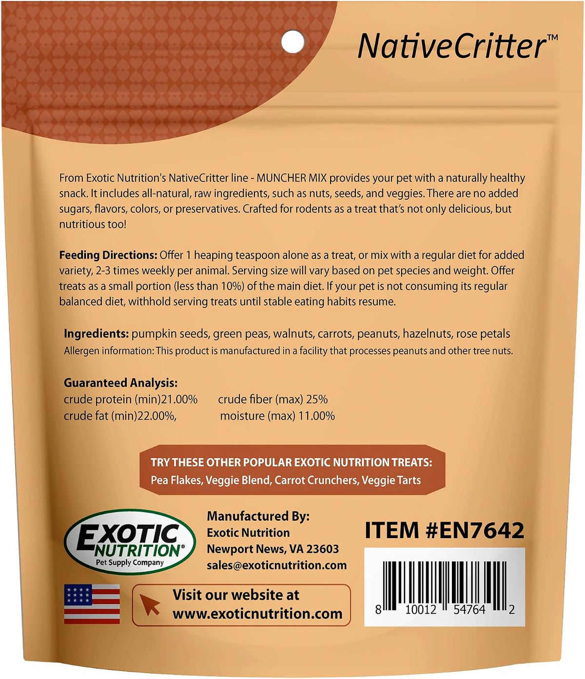 Exotic Nutrition Muncher Mix packaging side details showing feeding instructions