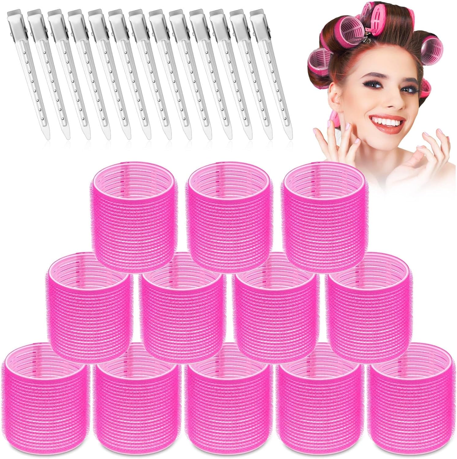 Selizo jumbo hair rollers set front view showcasing hot pink self-grip curlers