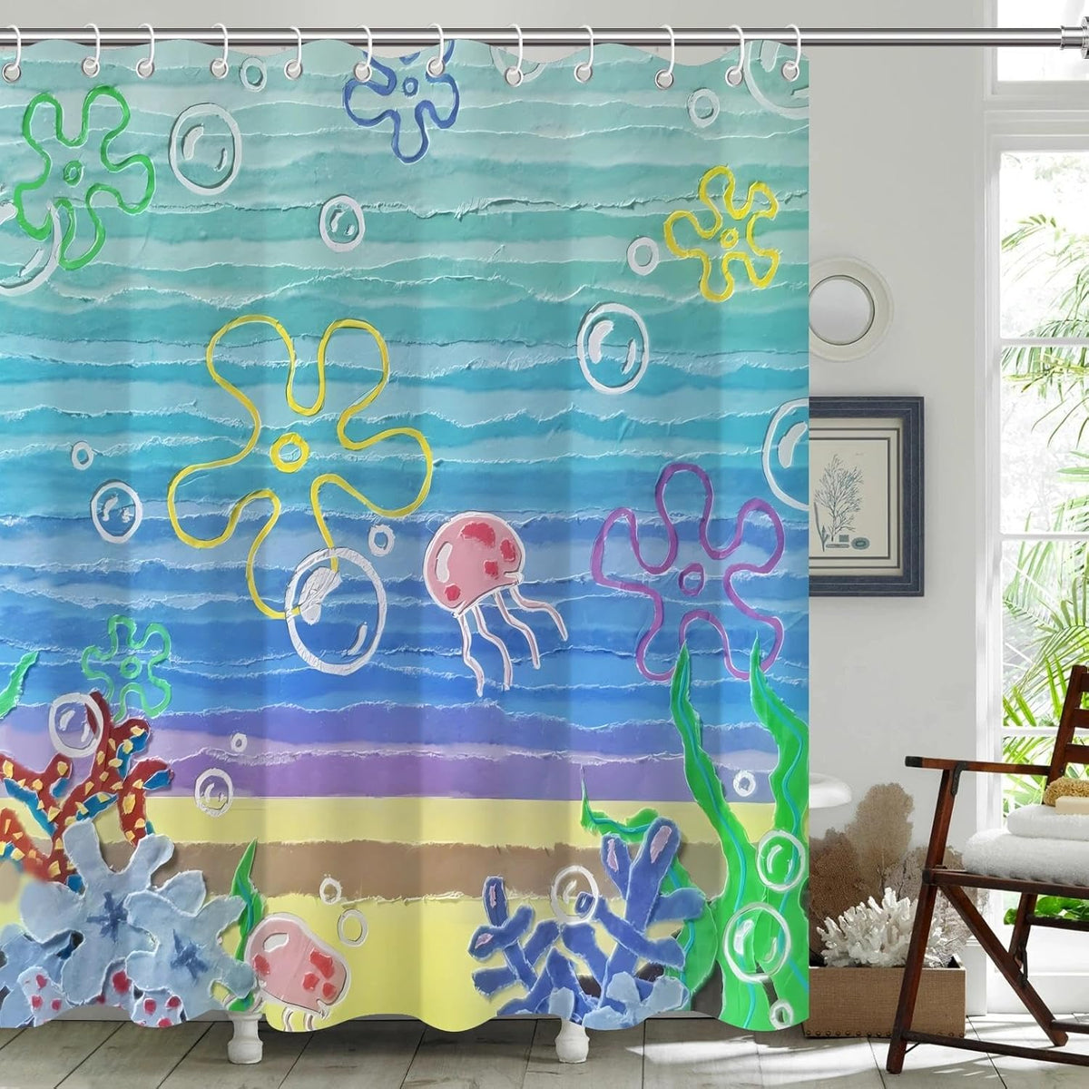 TSLOVER Cute Beach Ocean Shower Curtain front view featuring colorful cartoon jellyfish and abstract flowers.