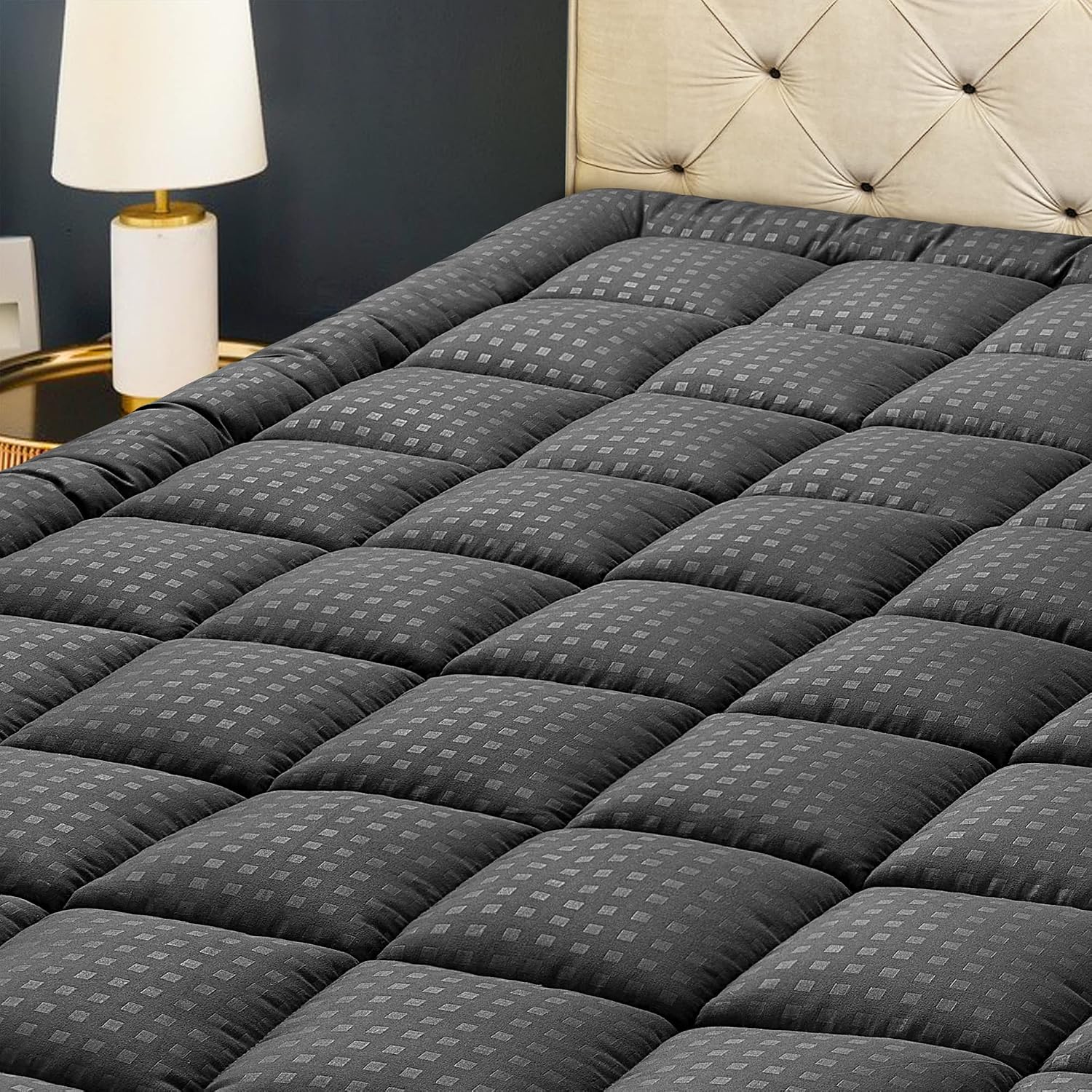 HYLEORY cooling quilted mattress pad front view in dark grey full size