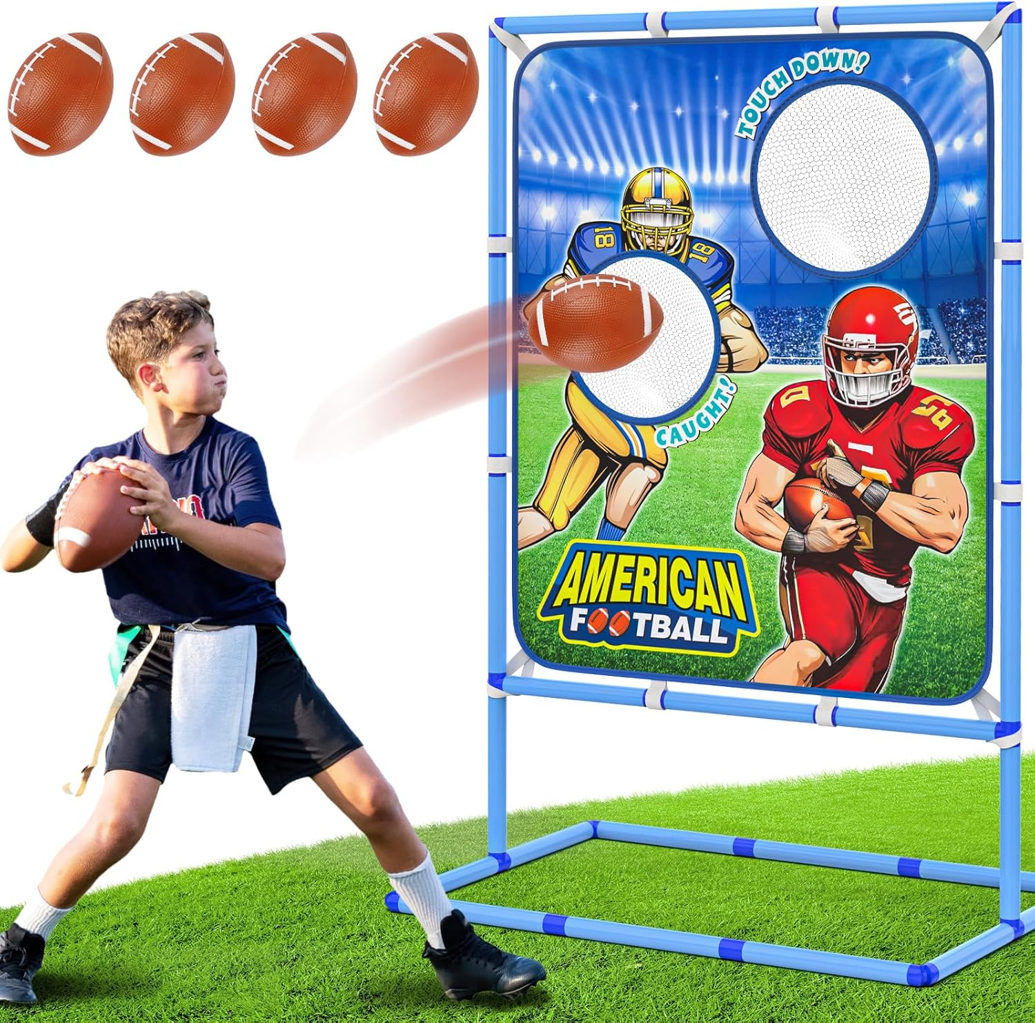 Polkoliye football toss game front view showing target net cloth and blue PVC frame setup on lawn.