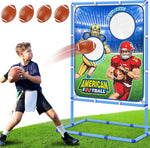 Polkoliye football toss game front view showing target net cloth and blue PVC frame setup on lawn.