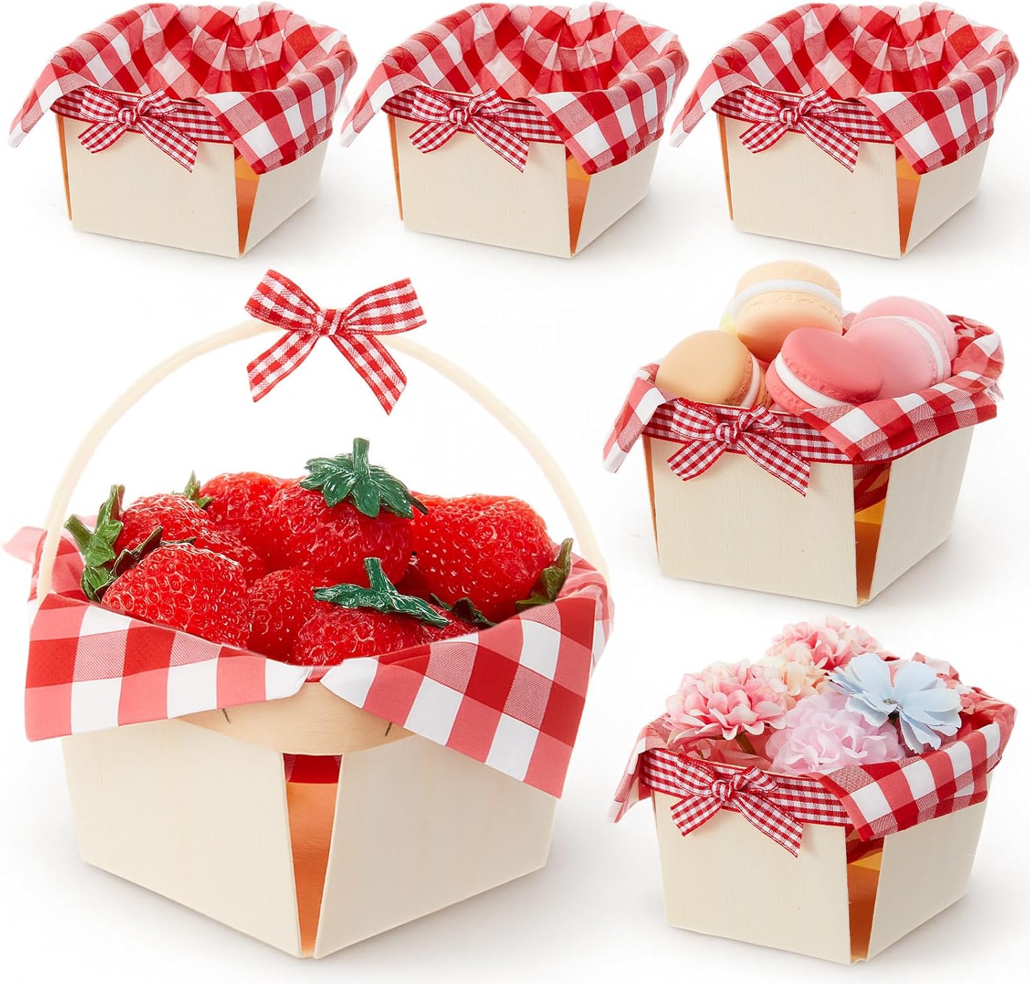 Marsui 6 pack wooden berry baskets kit with checkered napkins and bows front view
