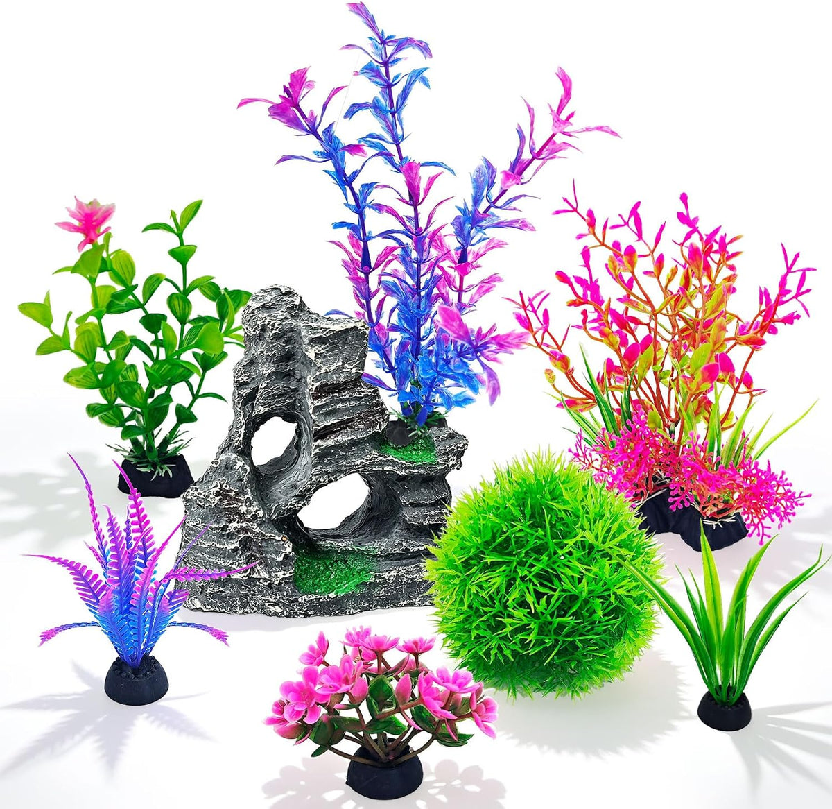 KUTKUT aquarium decoration set front view with multi level rock cave and green plastic plants