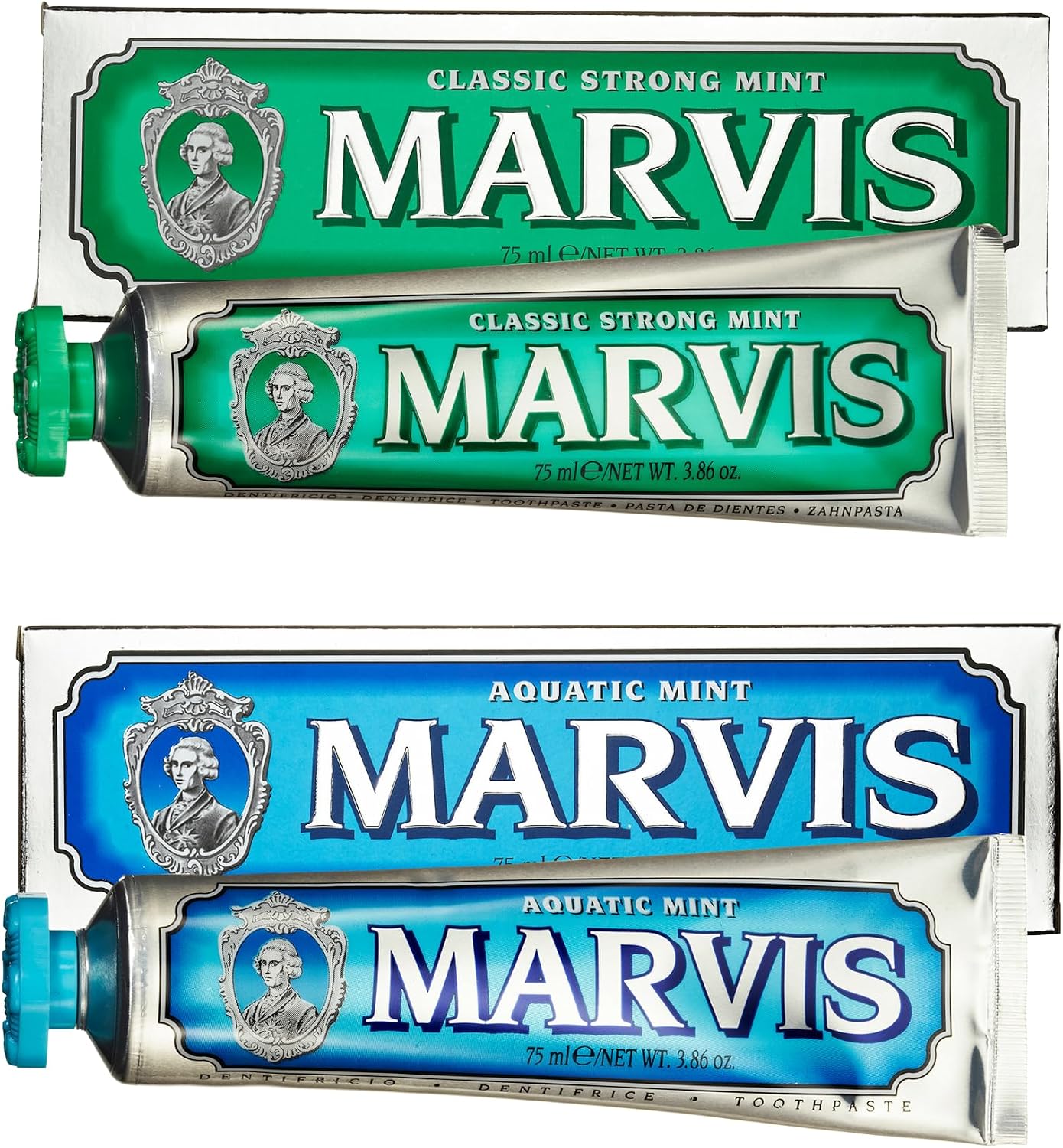 Marvis Classic Strong Mint and Aquatic Mint Toothpaste Set front view luxury imported oral care