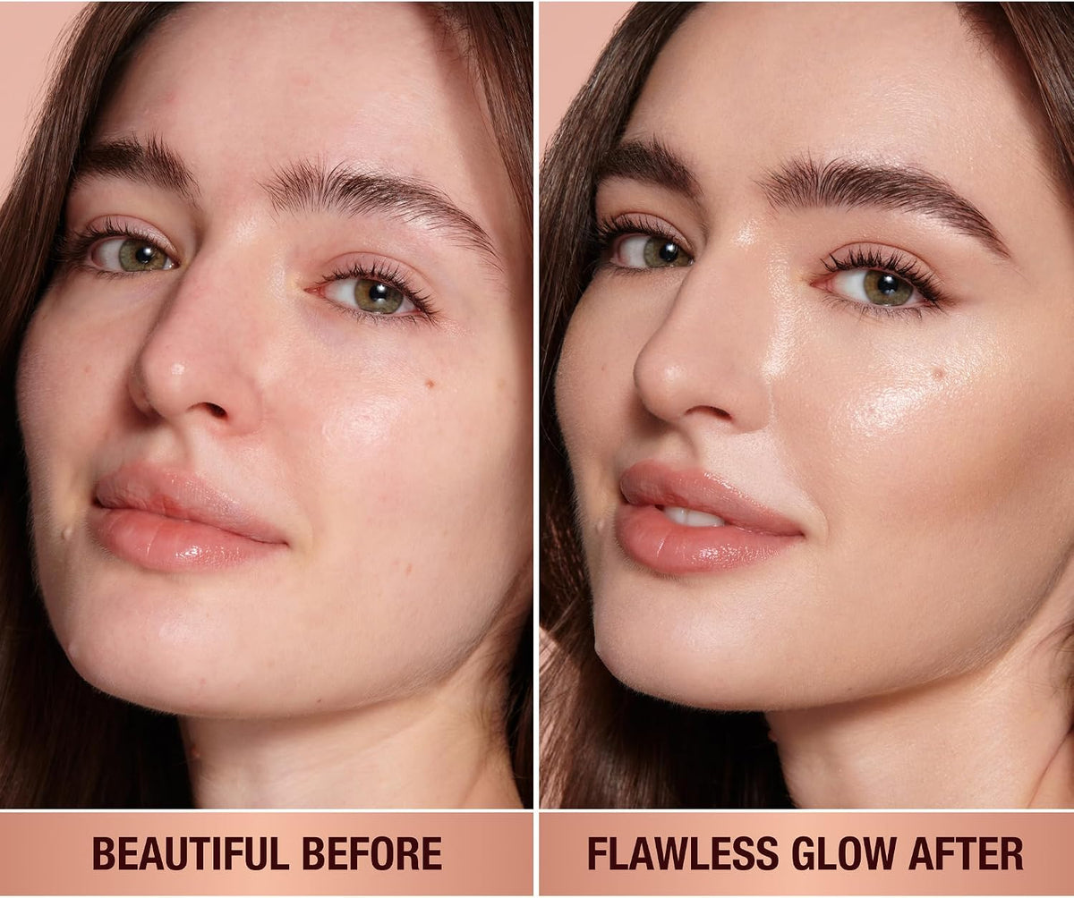 Charlotte Tilbury multi-use illuminating primer liquid swatch on neutral background.