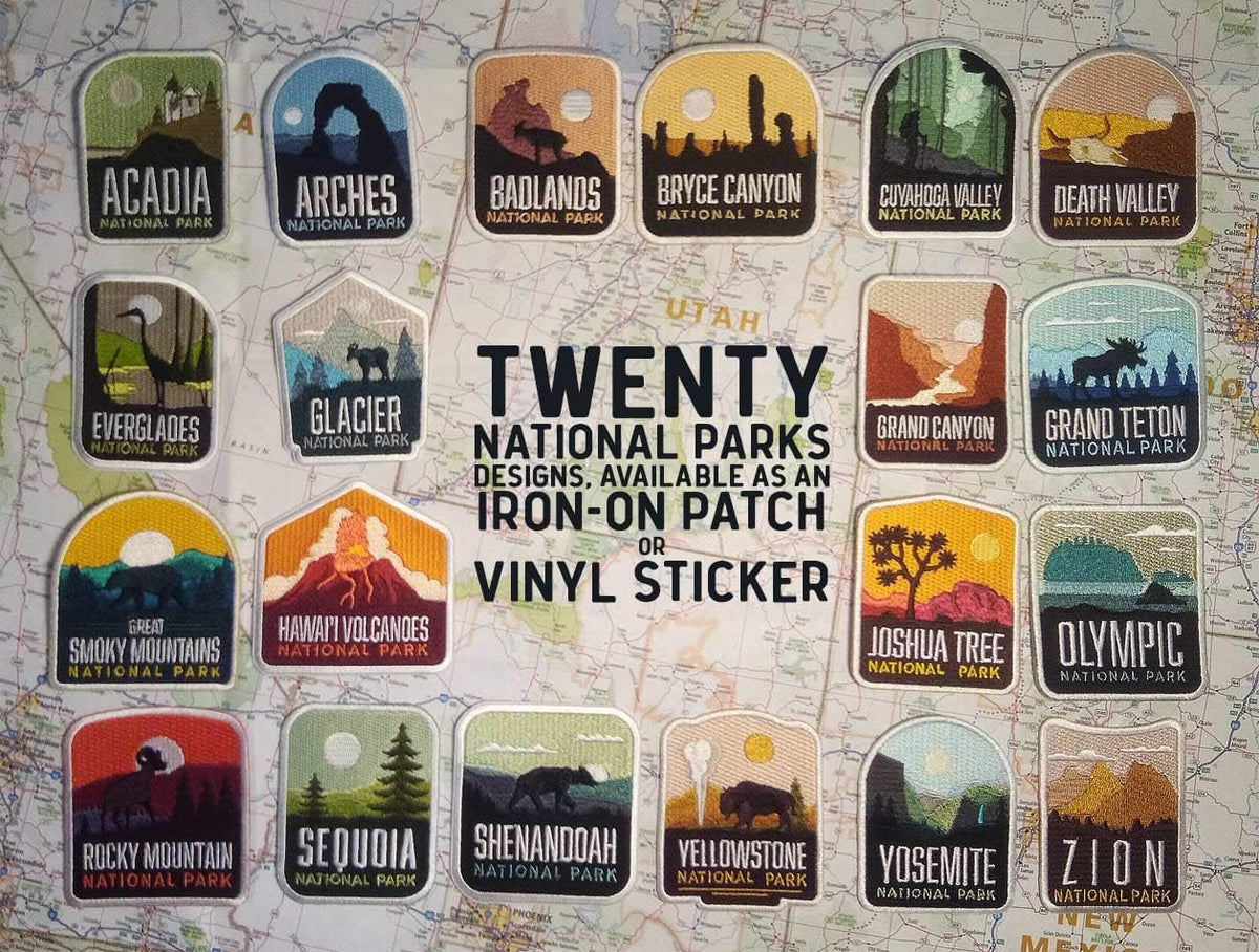 Vagabond Heart national park patch attached to a travel backpack