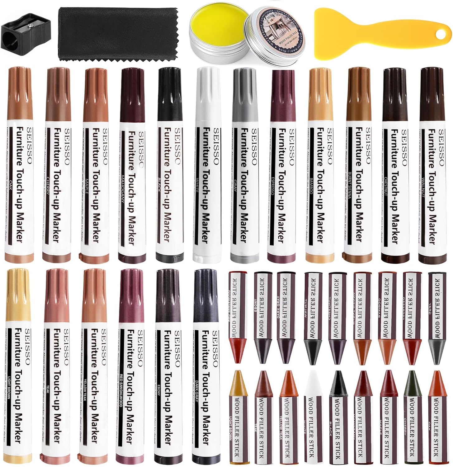 SEISSO Furniture Repair Kit front view of 18 color markers and wax sticks.