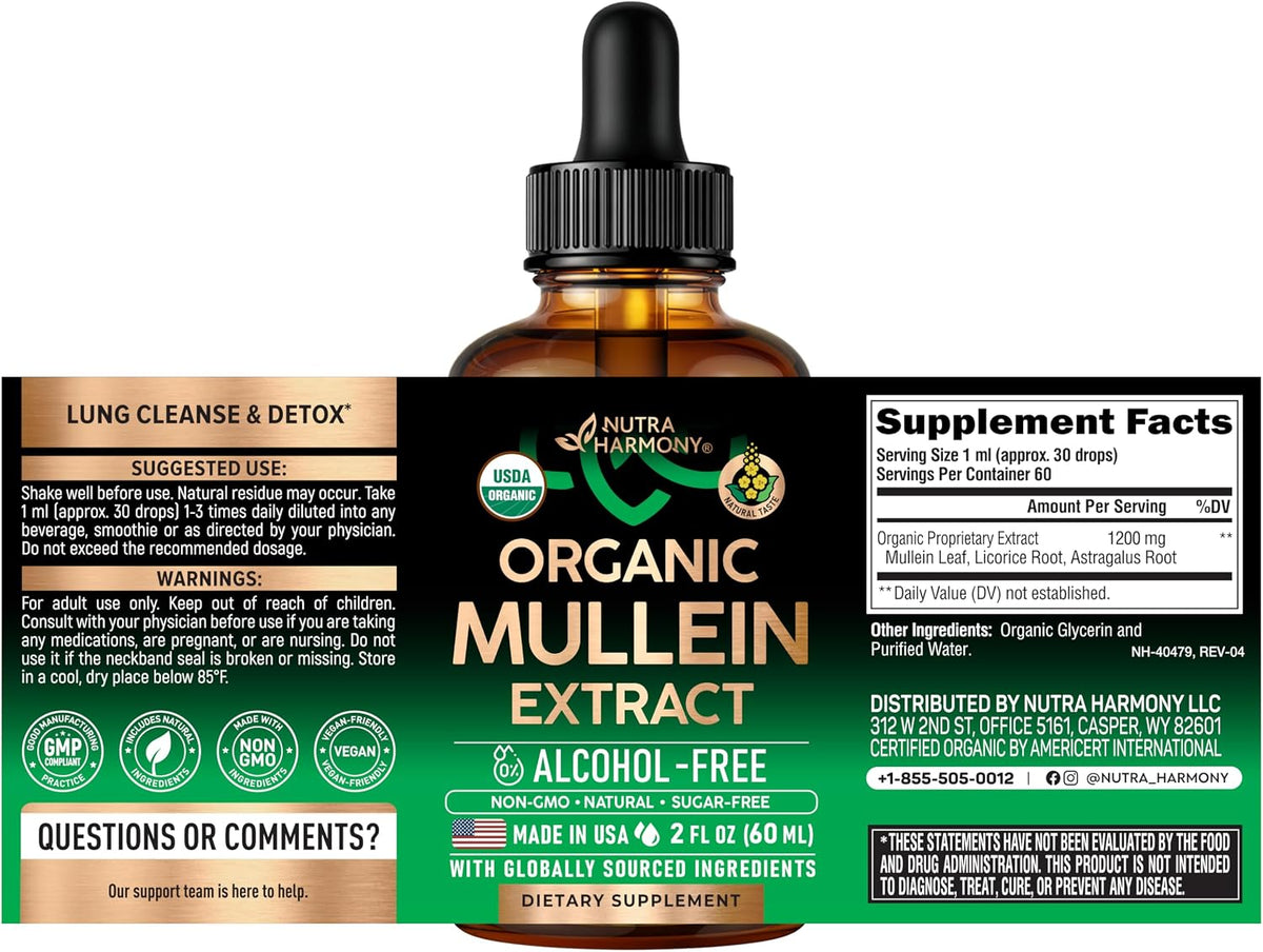 Nutraharmony organic mullein extract bottle dropper detail