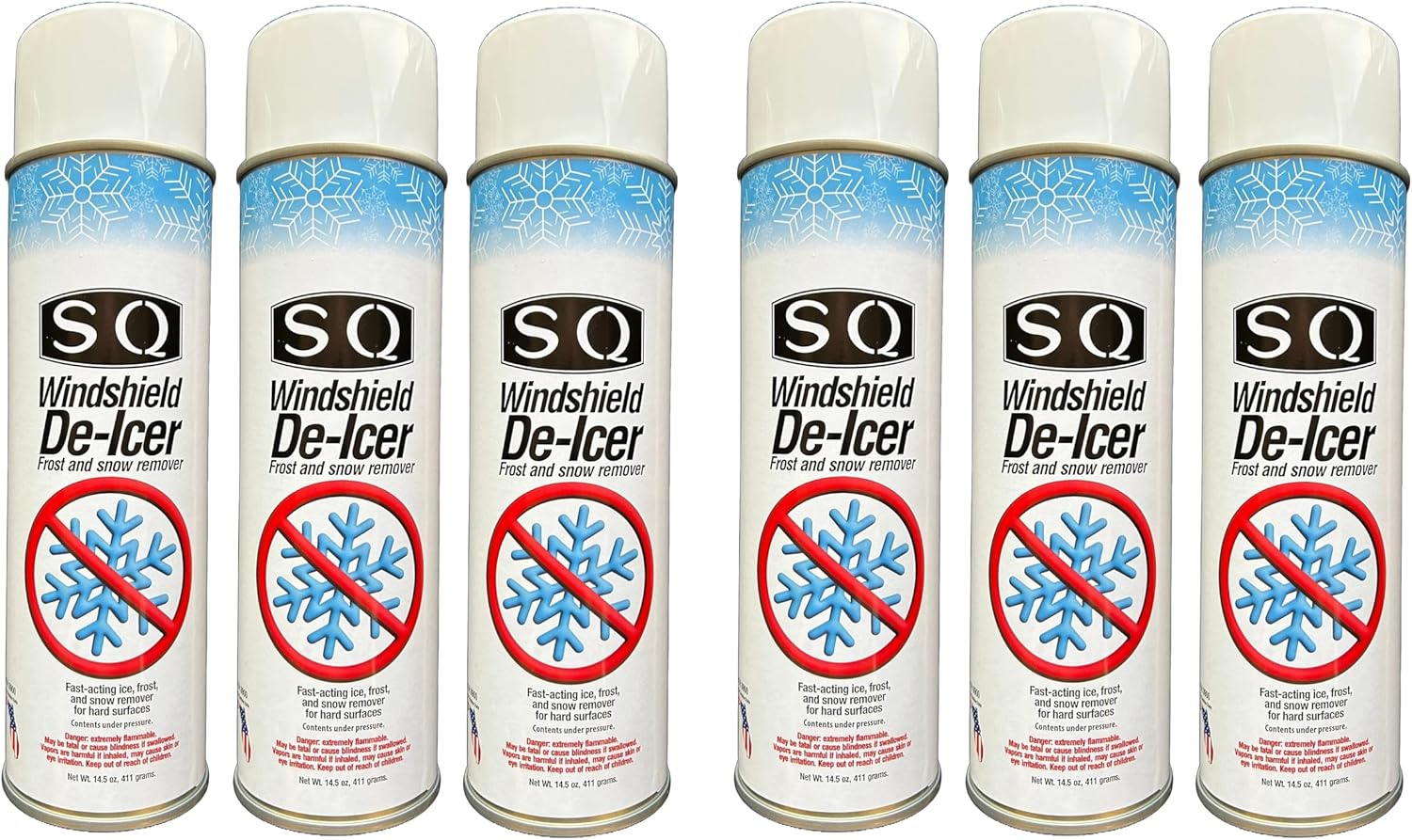 SQ Windshield De-Icer front view of the six pack aerosol cans for automotive frost removal.