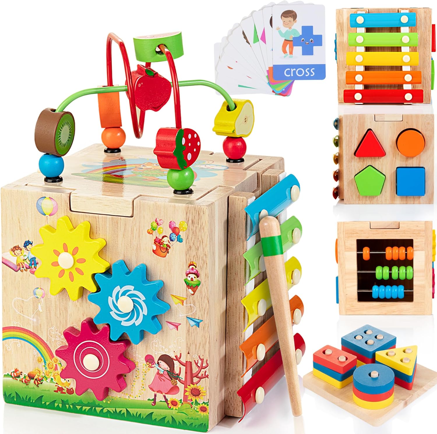 Bravmate wooden activity cube front view showcasing the colorful rainbow xylophone side.
