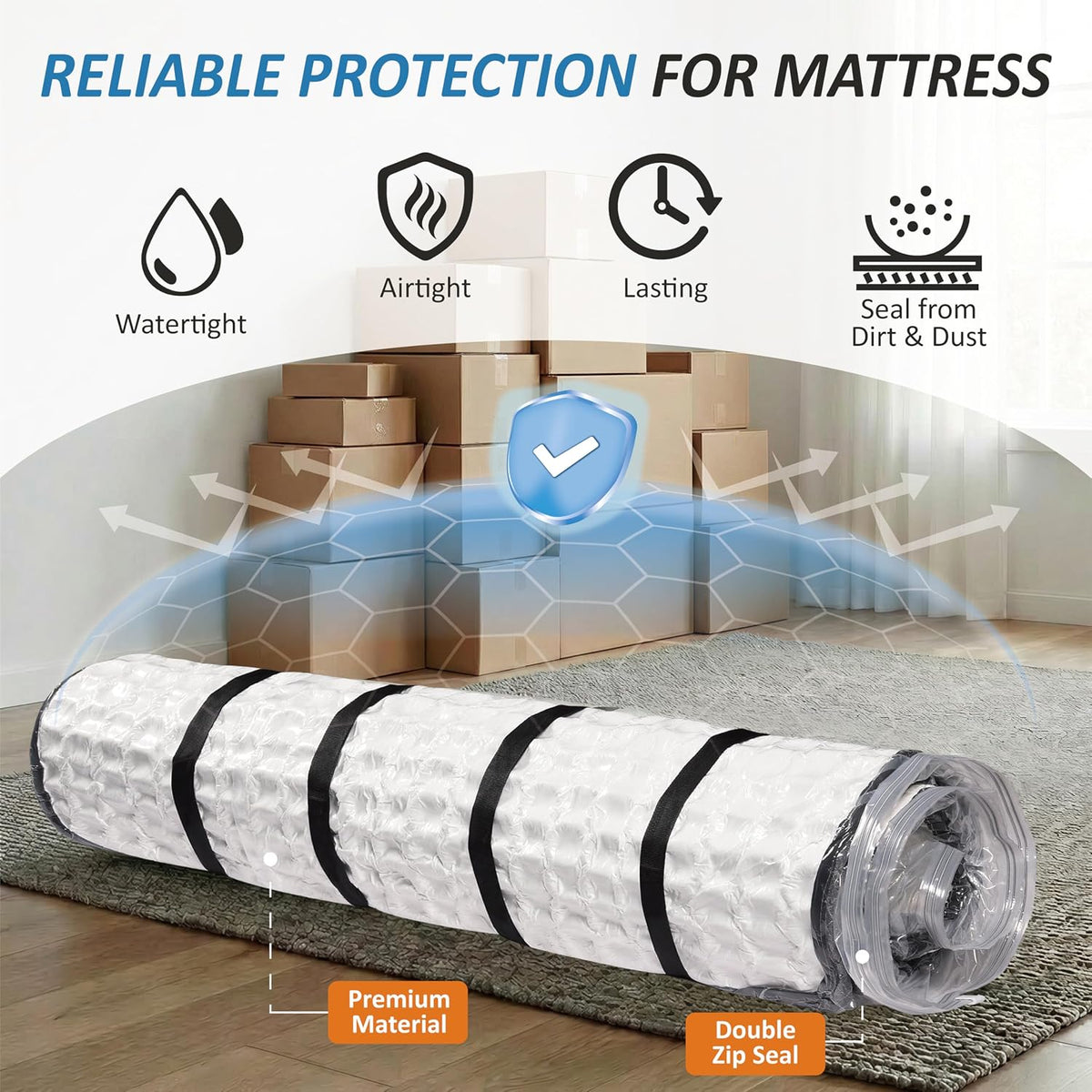 Four adjustable binding straps securing a rolled mattress