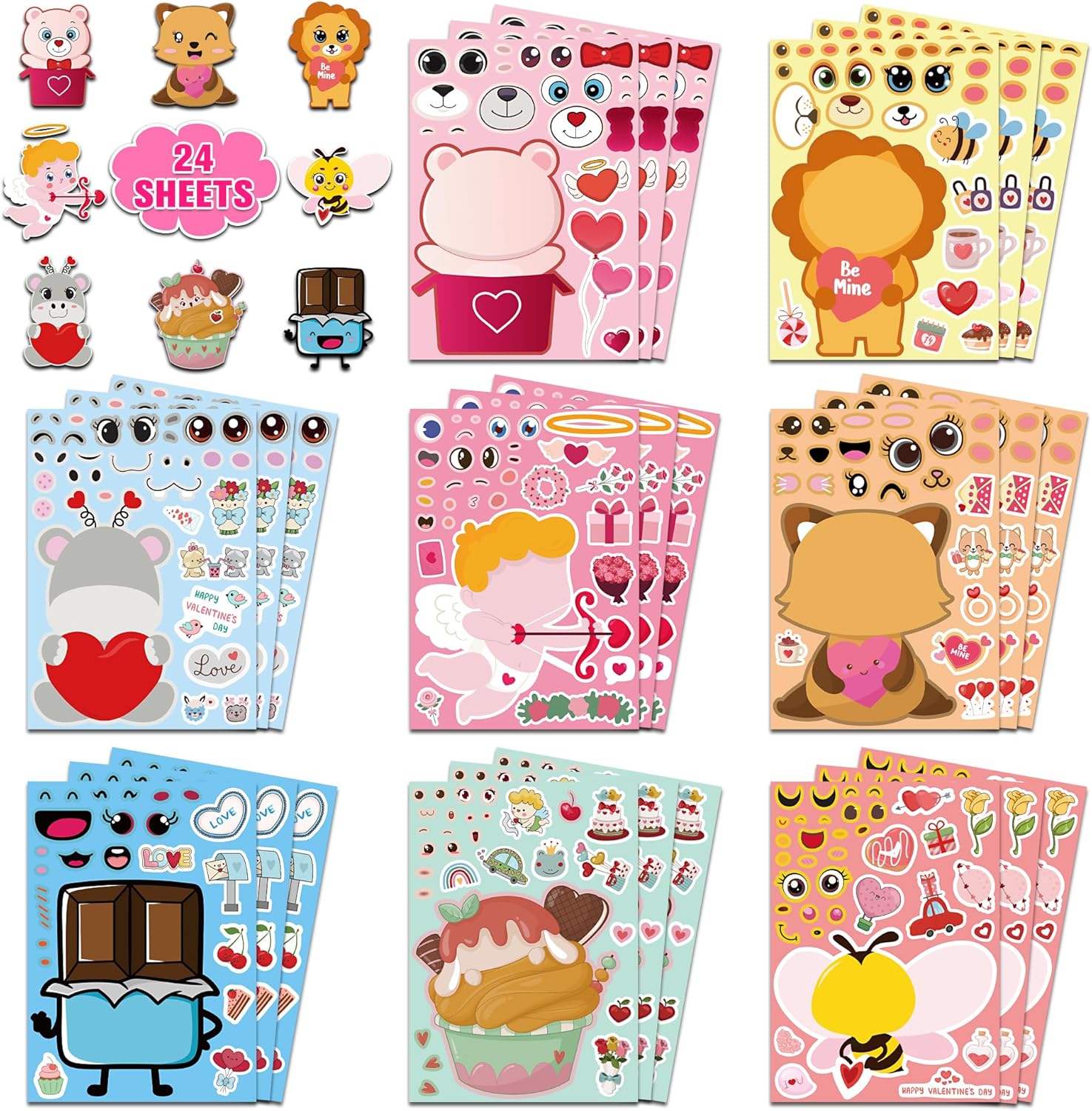 Tatuo Valentines stickers for kids front view showing colorful cartoon animal face sheets.