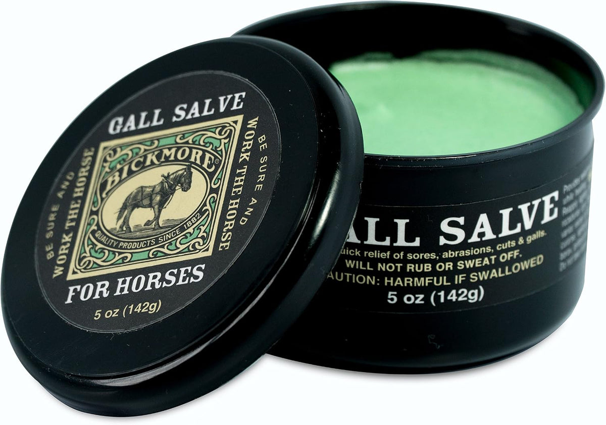 Bickmore Gall Salve 14 Ounce container next to equine care supplies