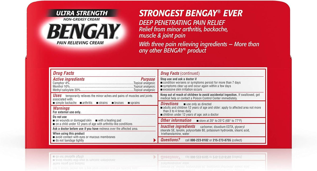 Bengay pain relief cream showing active ingredients on packaging