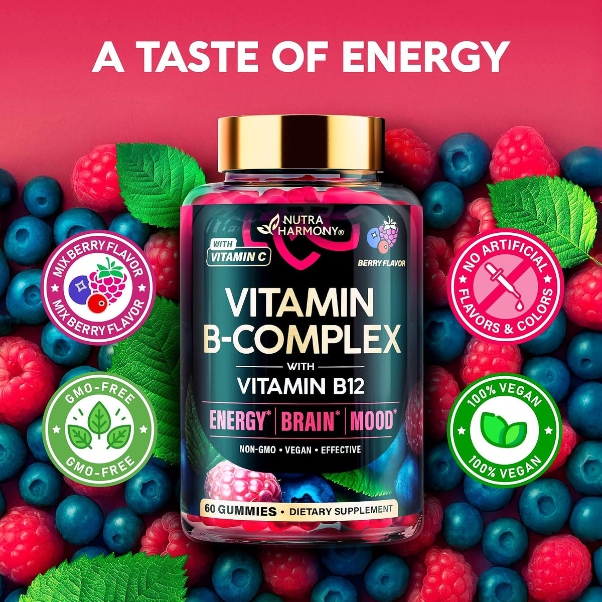 NutraHarmony Vitamin B-Complex gummies nutritional benefits infographic
