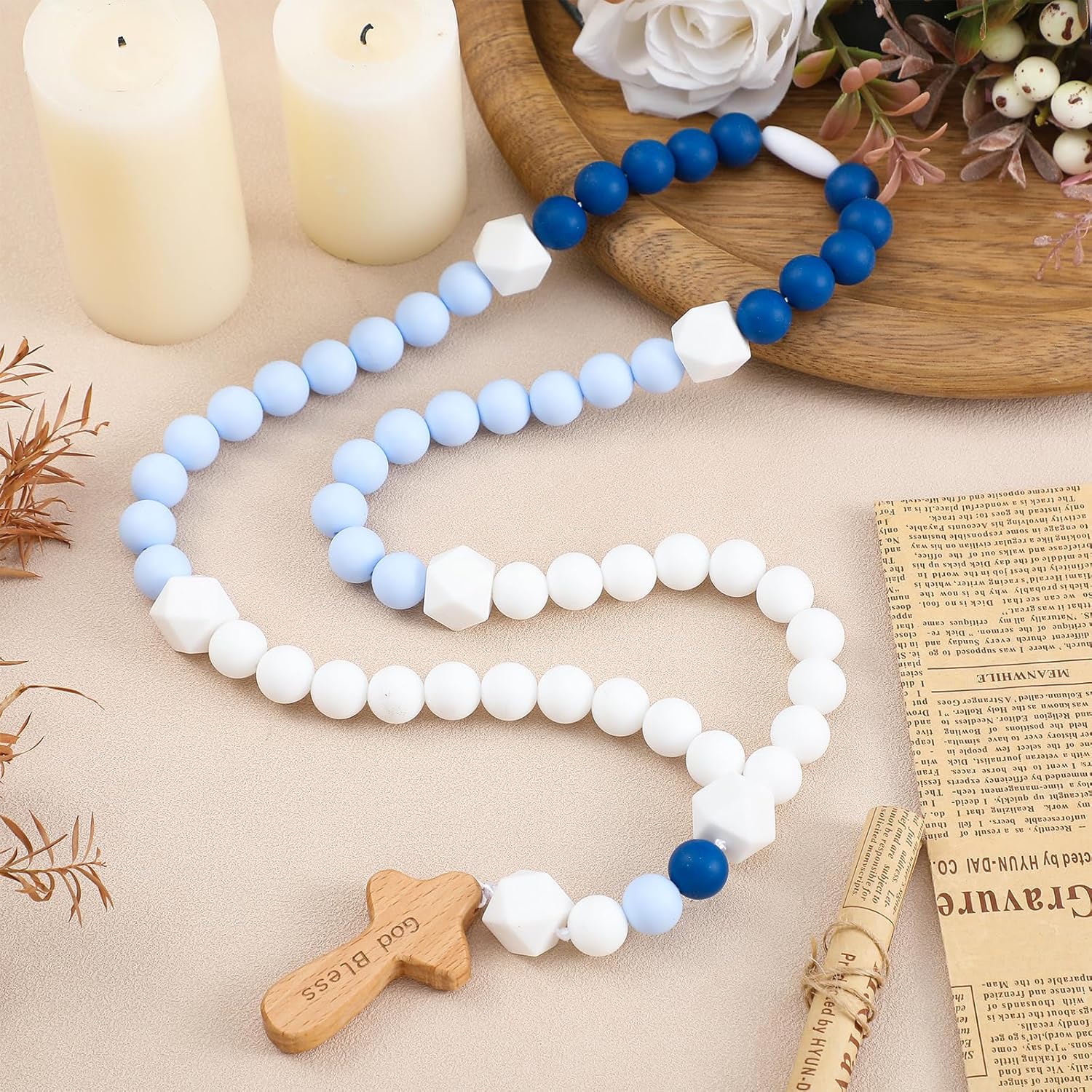 Misdary baby rosary baptism gift front view showcasing blue square silicone beads and engraved wooden cross.